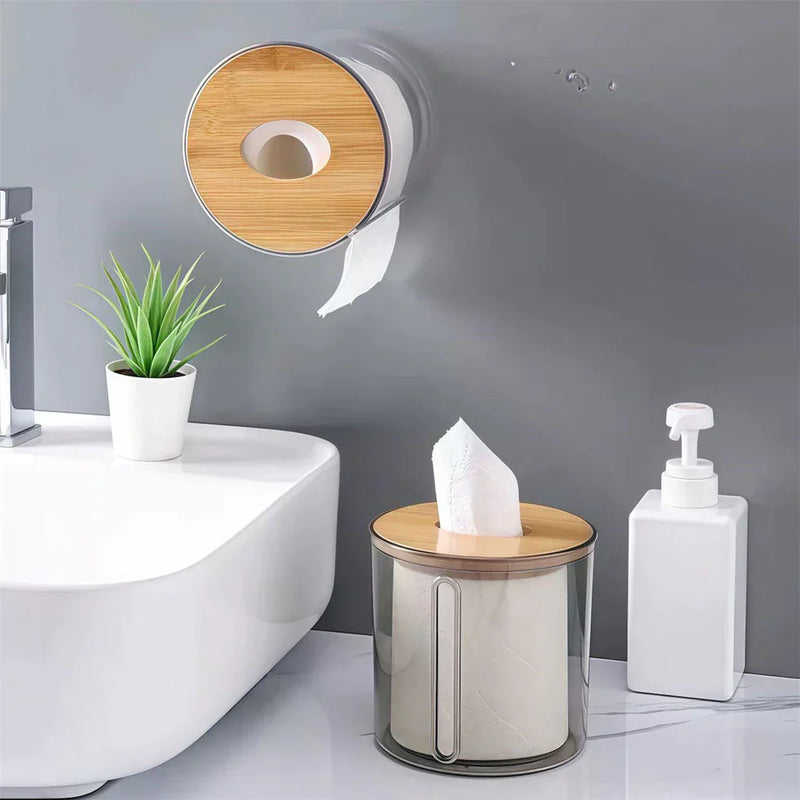 Porta Papel Higienico Luxo Transparente Com Tampa De Bambu