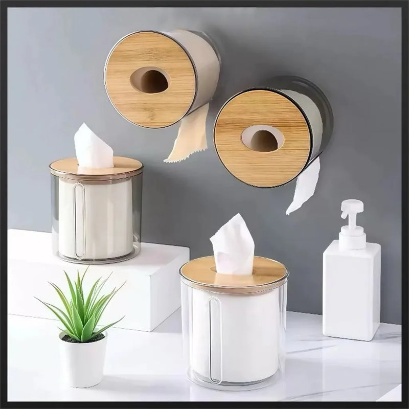 Porta Papel Higienico Luxo Transparente Com Tampa De Bambu