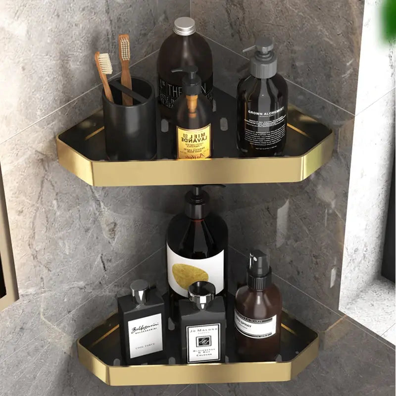 Kit 2 Prateleira Para Banheiro Em Alumínio Preto Com Dourado