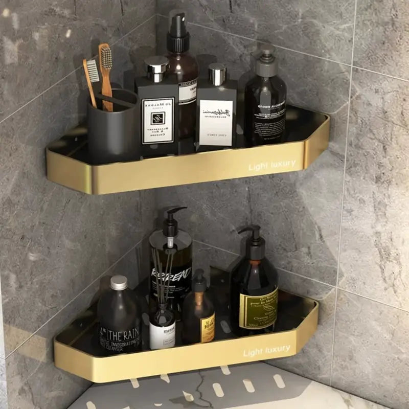 Kit 2 Prateleira Para Banheiro Em Alumínio Preto Com Dourado