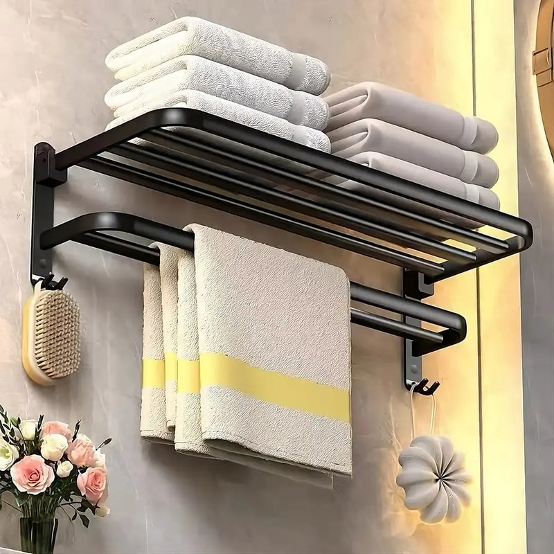 Porta Toalhas Duplo em Aço Inox 60cm para Organização de Banheiro - Preto